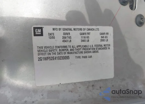 2001 Chevrolet Impala из США, поврежденный, VIN 2G1WF52E419239095